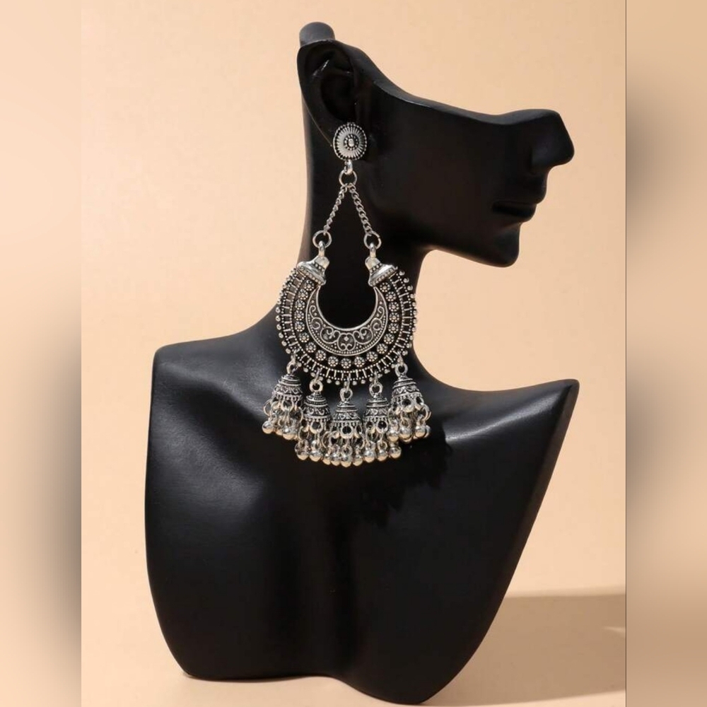Antique silver dangling chain tassels jhumkas/pakistani Indian jewellery…